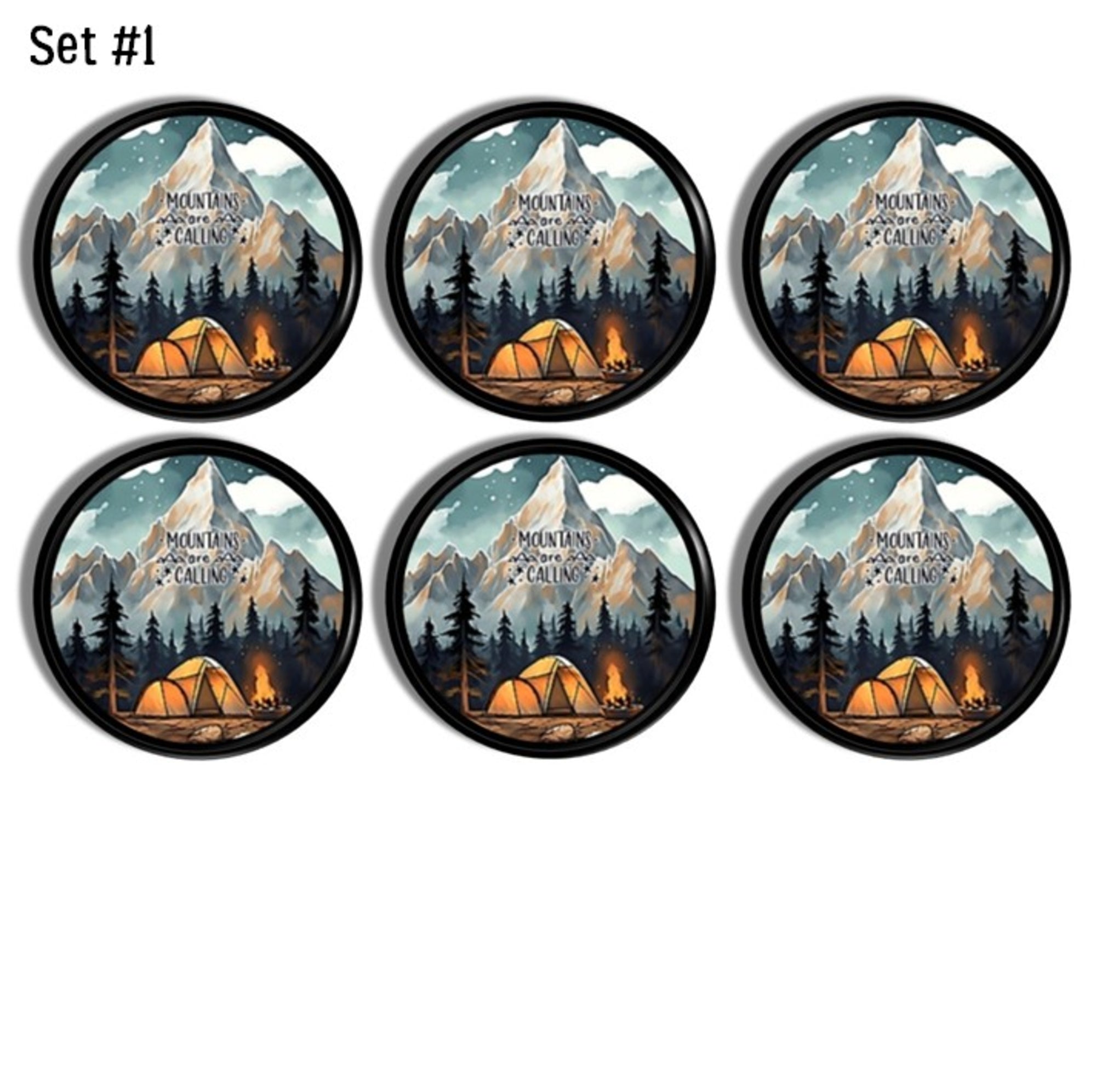 Six‑piece camping cabinet knob set featuring glowing tent and campfire artwork with mountain silhouettes and starry night wilderness scenery