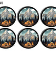 Six‑piece camping cabinet knob set featuring glowing tent and campfire artwork with mountain silhouettes and starry night wilderness scenery