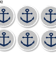 Six handcrafted cabinet knobs featuring navy blue anchors on gray and white chevron background. Nautical drawer pulls for beach house or coastal nursery.