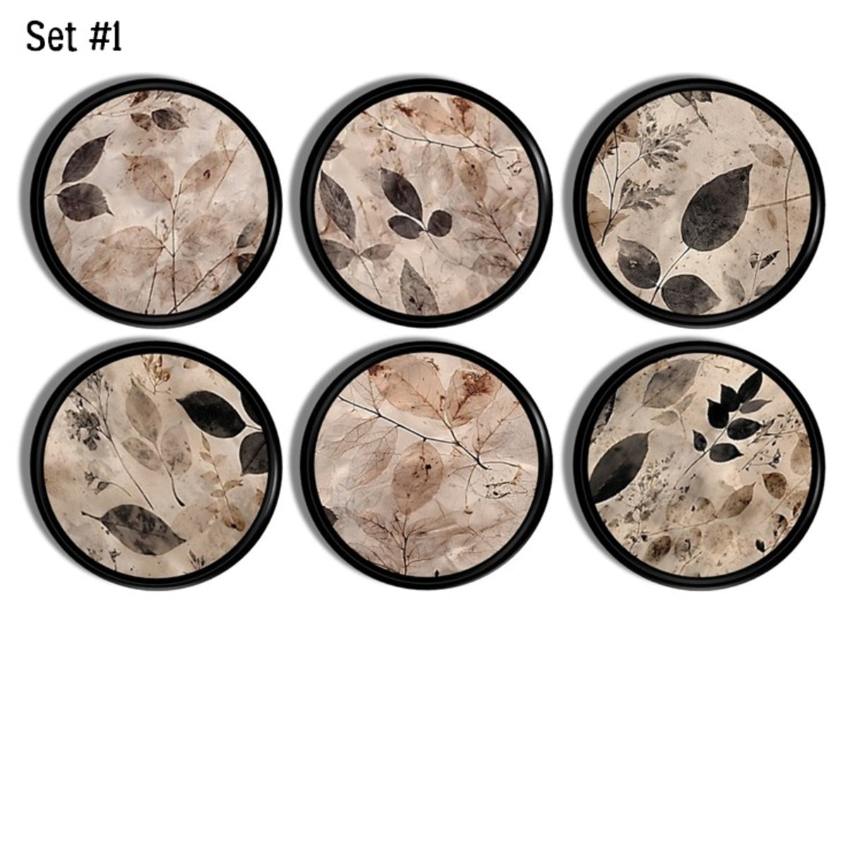 Neutral botanical leaf cabinet knobs set of 6 featuring layered earthy leaf artwork for warm modern natural décor on cabinets, cupboards, or drawers