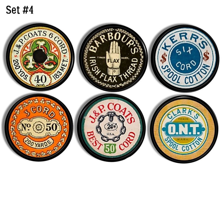 Vintage style decorative cabinet drawer pulls in an antique sewing theme. Knobs in a variety of colorful old seamstress thread spool labels. 