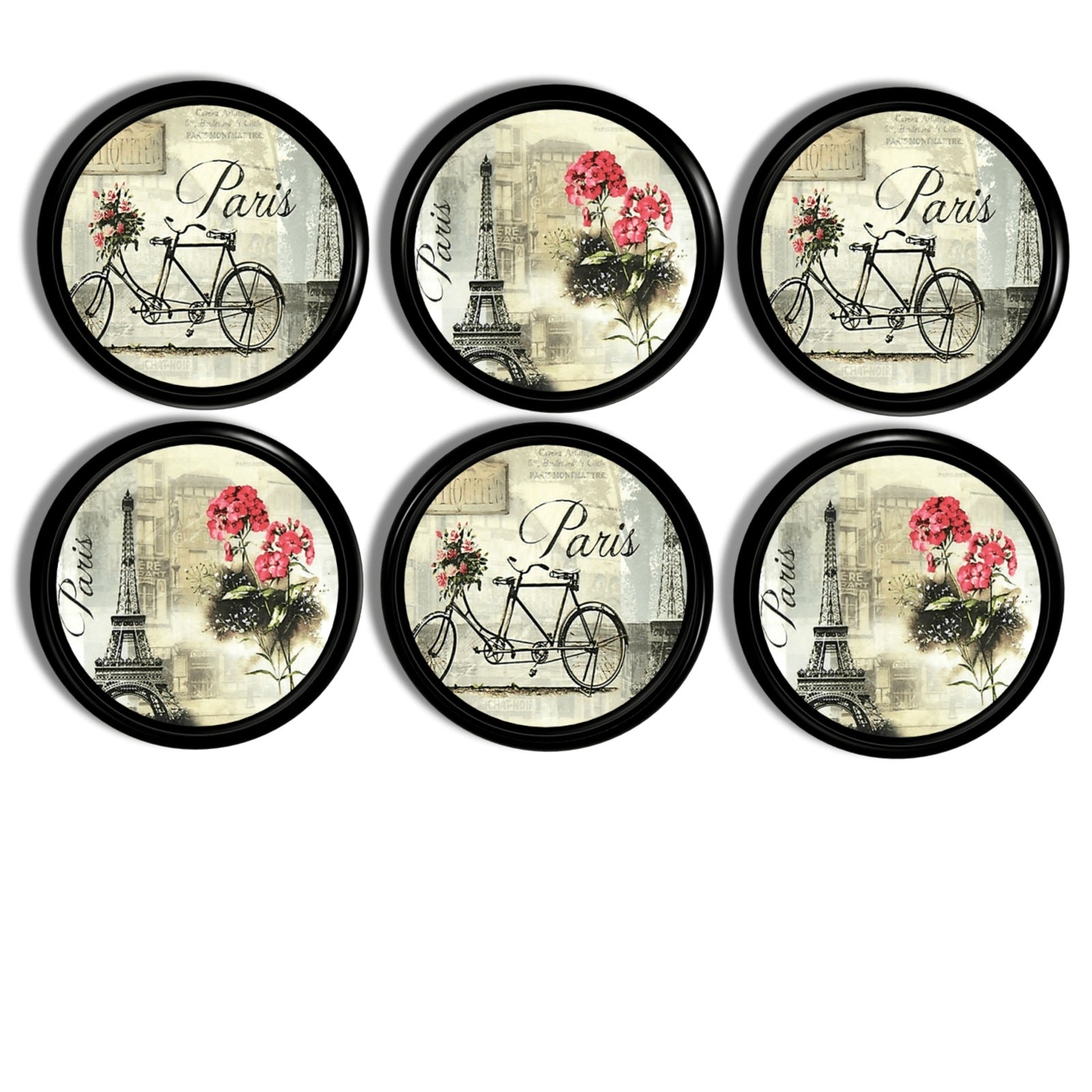 Six cabinet knobs featuring vintage Paris artwork with Eiffel Tower, tandem bicycle, and pink floral accents.