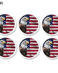 Set of 6 patriotic cabinet knobs and drawer pulls featuring bald eagle with American flag in bold red, white, and blue