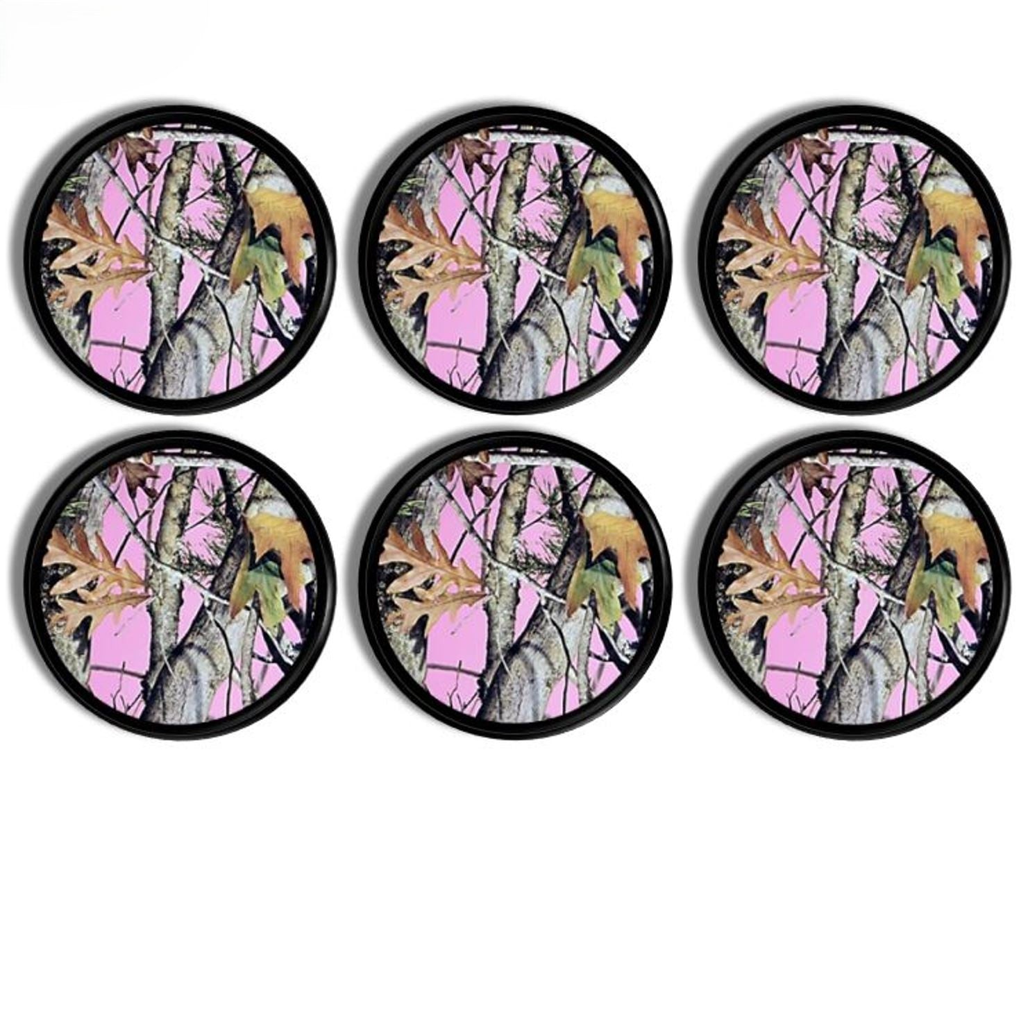 Six black cabinet knobs featuring feminine pink camouflage with forest elements, perfect for kids’ outdoor‑themed bedrooms or craft storage.