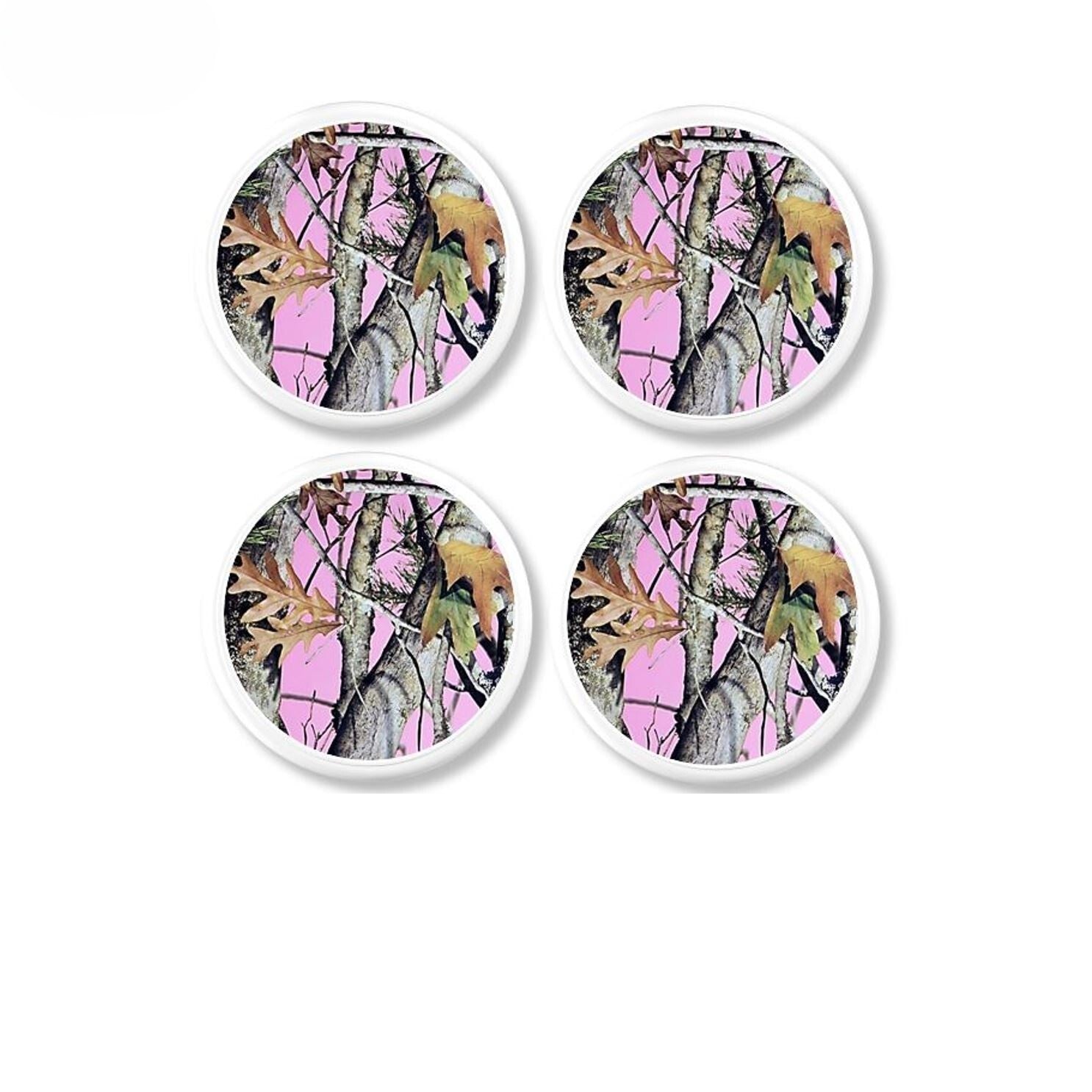 Four white cabinet knobs featuring pink camouflage with oak leaves and woodland branches for rustic country décor.