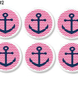 Six handcrafted cabinet knobs featuring navy blue anchors on pink and white chevron background. Nautical drawer pulls for coastal girls’ room, beach cottage style, or whimsical bathroom décor.