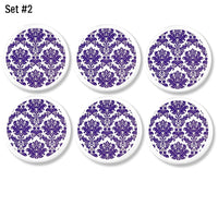 Handmade drawer pulls in a purple damask lattice wallpaper print. Decorative knobs for Sherlock Holmes, Girly Steampunk or Victorian decor. Made on white hardware.