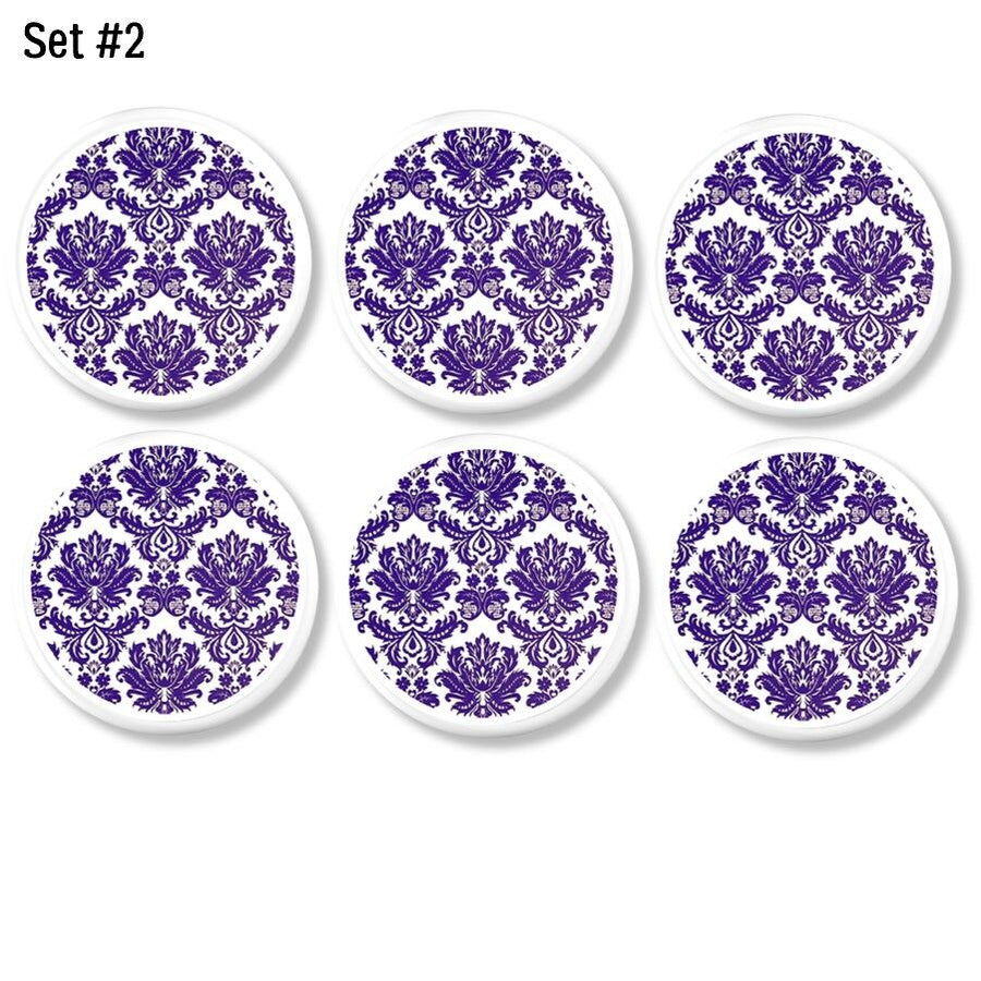 Handmade drawer pulls in a purple damask lattice wallpaper print. Decorative knobs for Sherlock Holmes, Girly Steampunk or Victorian decor. Made on white hardware.