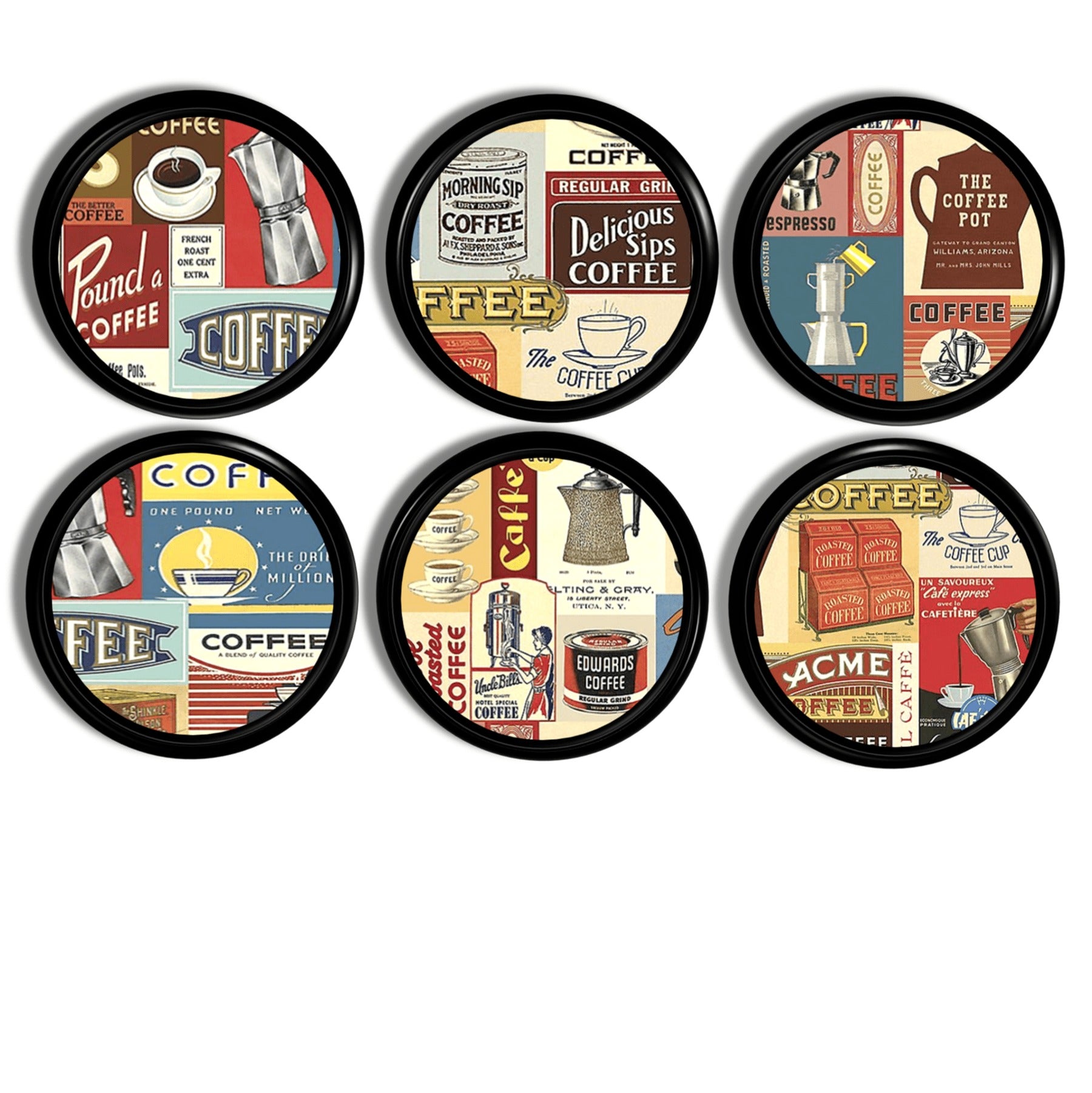 Six cabinet knobs featuring colorful midcentury coffee advertisement artwork with vintage cups, pots, and retro café typography.