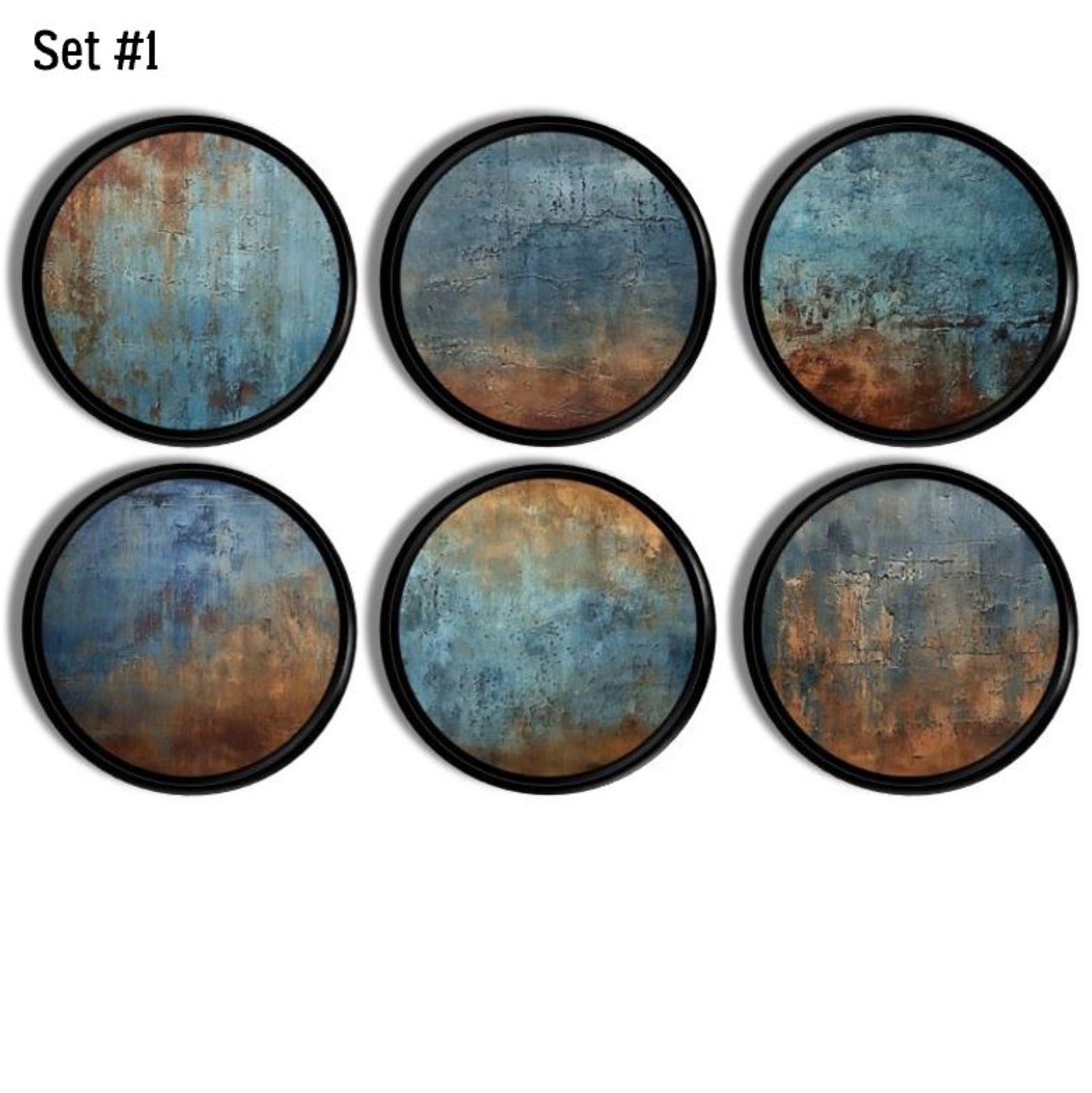 Decorative cabinet knobs in a faux weathered paint texture theme. Rust and navy blue peeling paint look on a black drawer pull. Rustic gruge industral or abstract art decor.