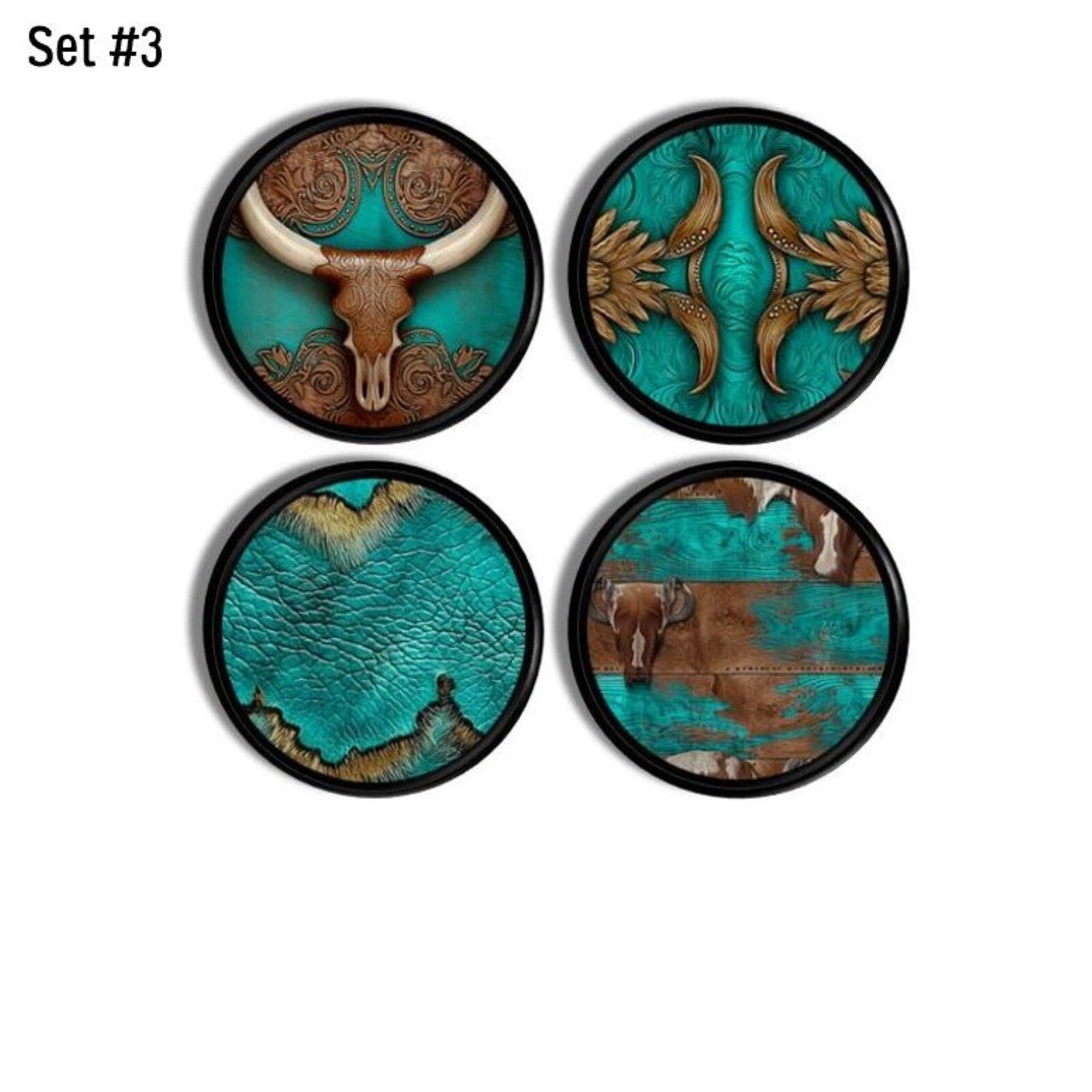 Set of 4 southwestern ranch themed knob cabinet door handles featuring steer head, leatherwork, weathered wood and cowhide designs.