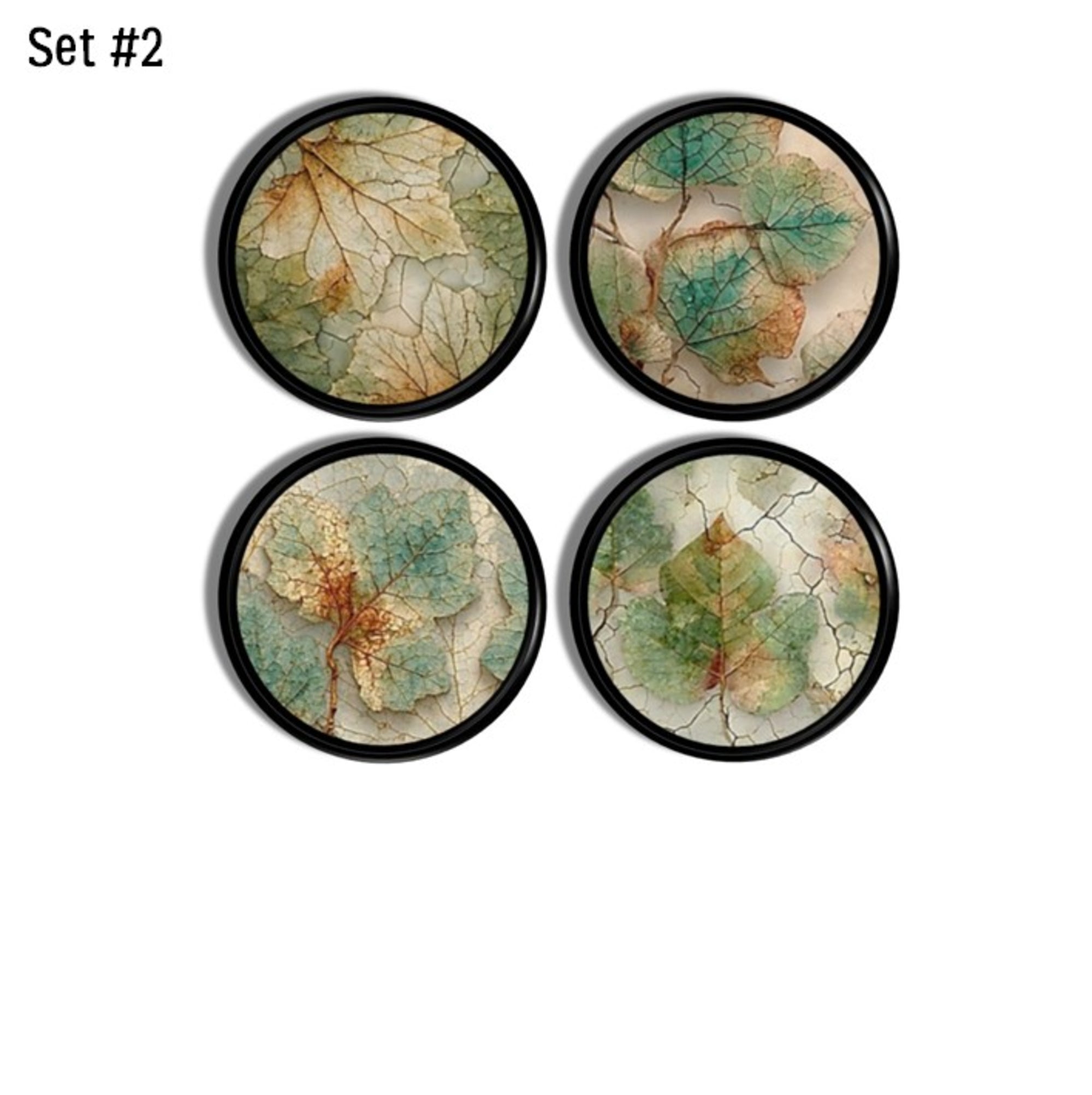 4 rustic botanical leaf vein cabinet knobs in muted green, tan, and warm brown tones for organic modern and transitional décor.