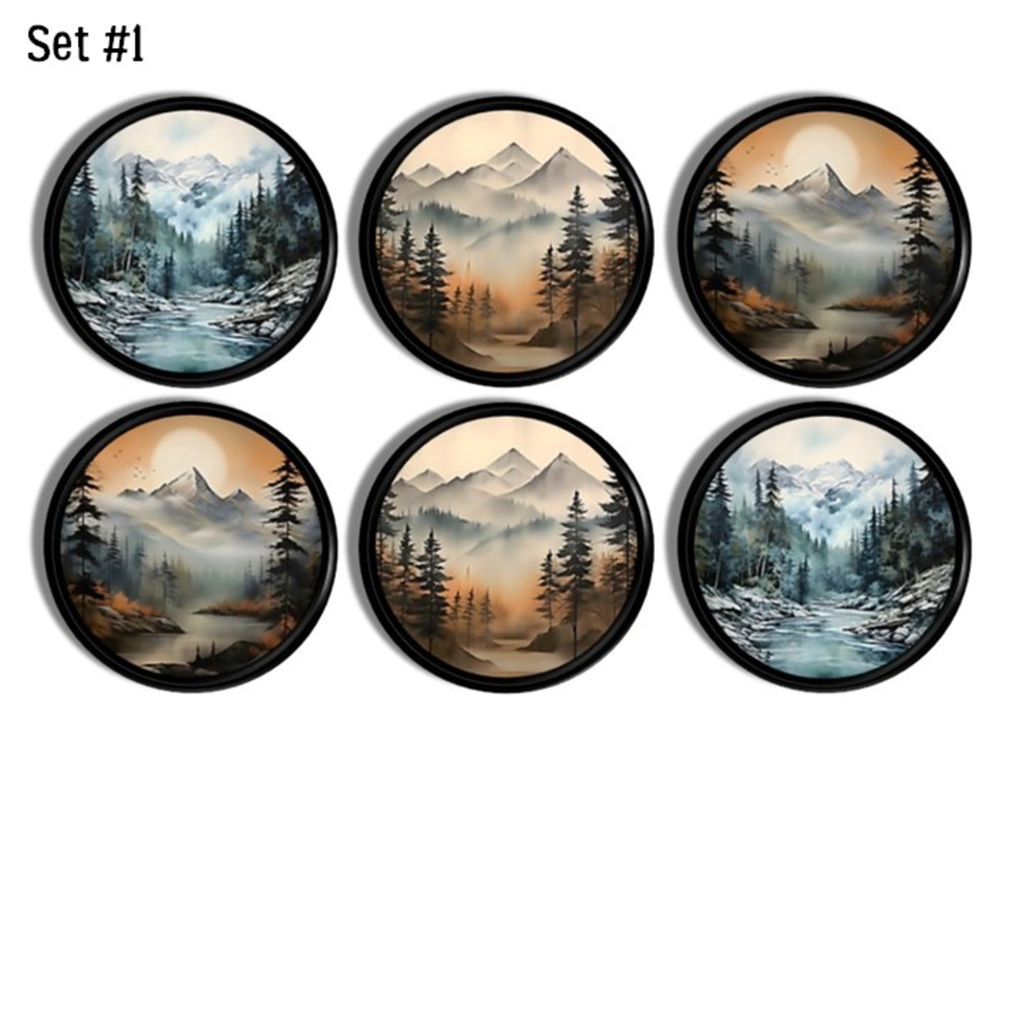 Six‑piece mountain landscape cabinet knob set featuring warm sunrise horizons, misty blue rivers, and layered evergreen wilderness artwork