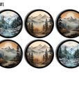 Six‑piece mountain landscape cabinet knob set featuring warm sunrise horizons, misty blue rivers, and layered evergreen wilderness artwork