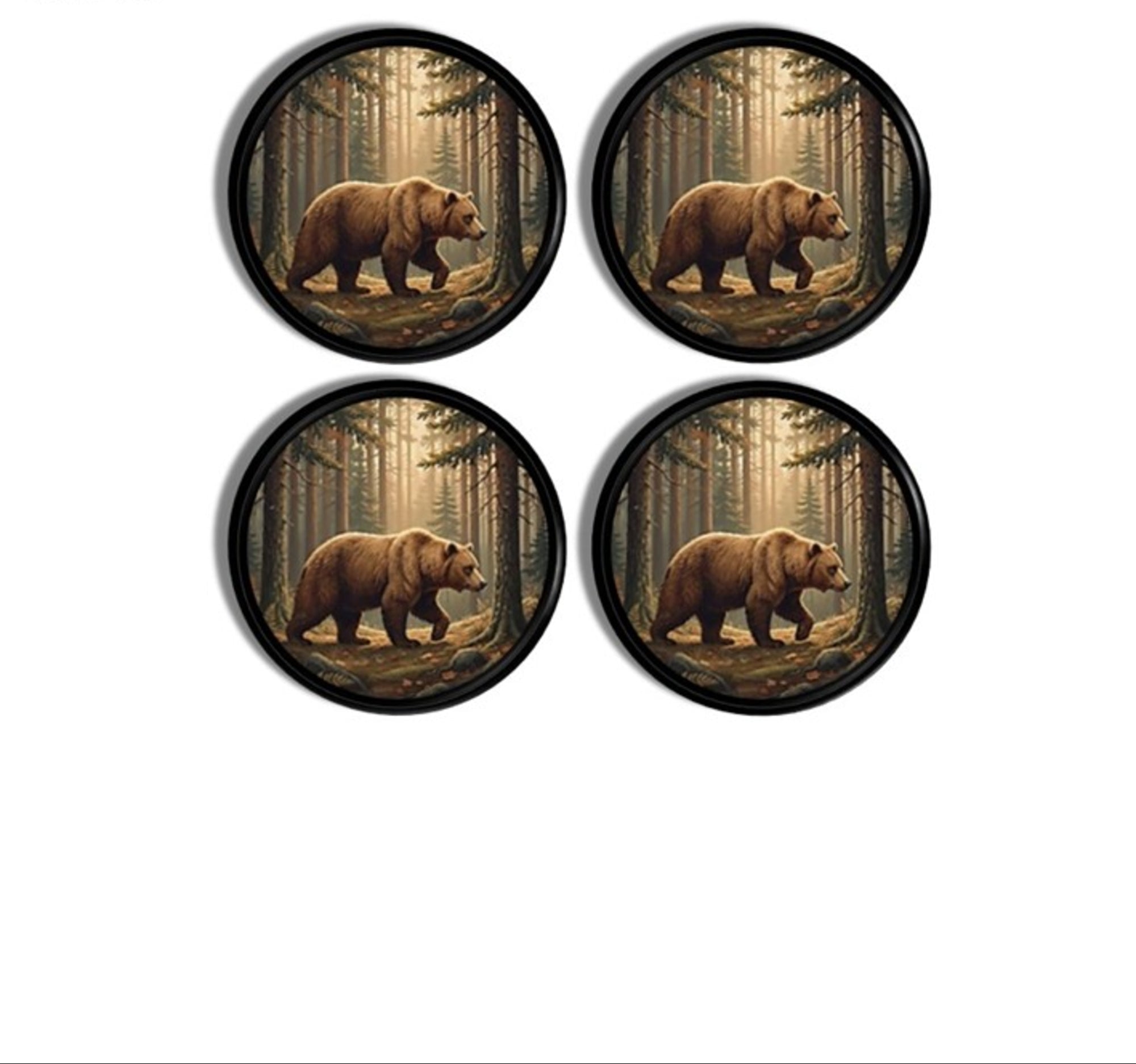 4 Rustic wildlife cabinet knobs and drawer pulls featuring a brown bear walking through a sunlit forest for lodge, cabin, and nature‑inspired décor