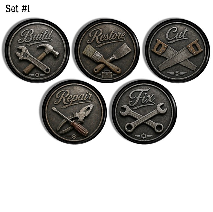 Rustic workshop tool cabinet knobs set featuring Build, Restore, Cut, Repair, and Fix designs with vintage hand tools for garage storage, woodworking spaces, and handyman décor