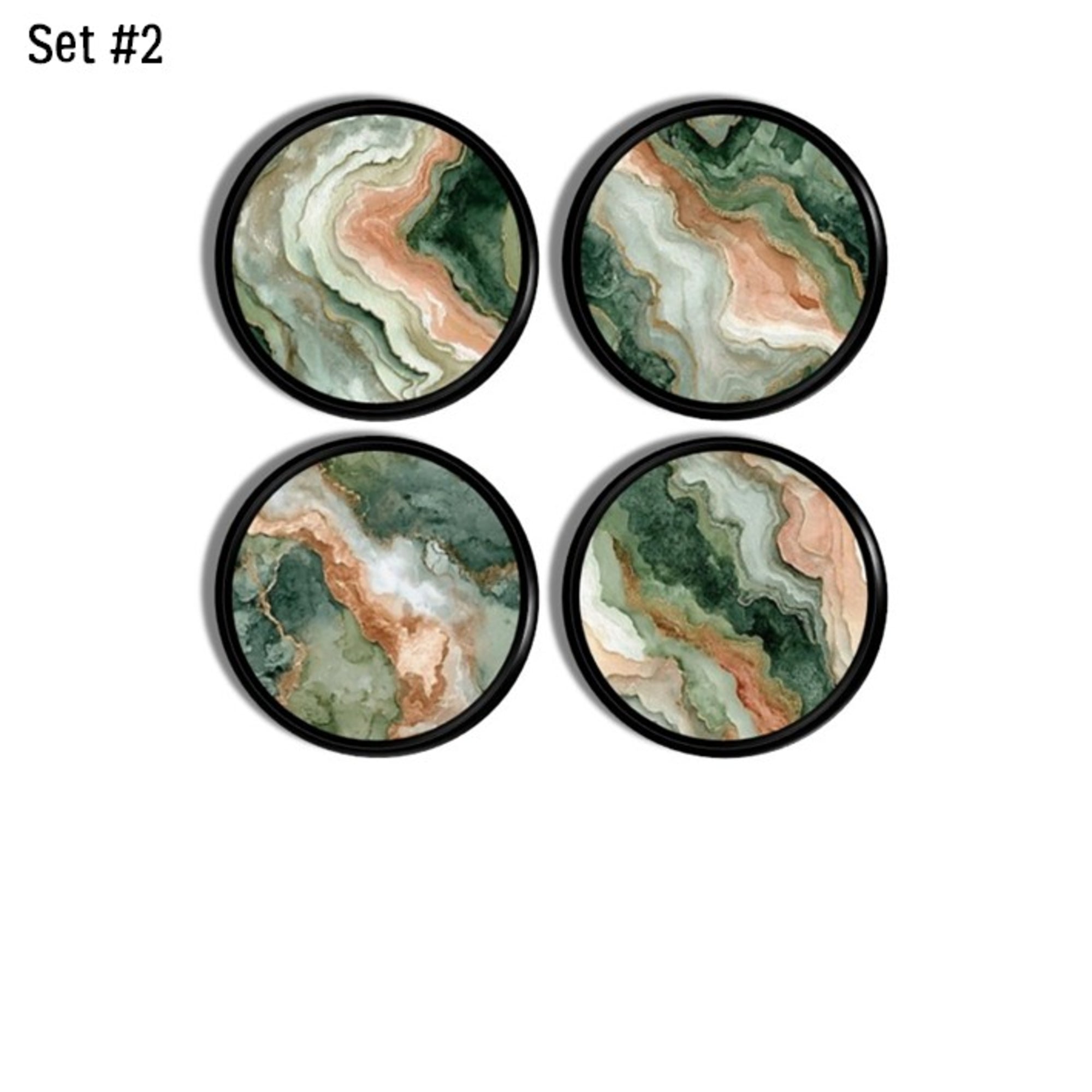 Sage green and peach marbled cabinet knobs with an organic modern, nature‑inspired mineral pattern, perfect for boho, earthy, and contemporary décor styles.