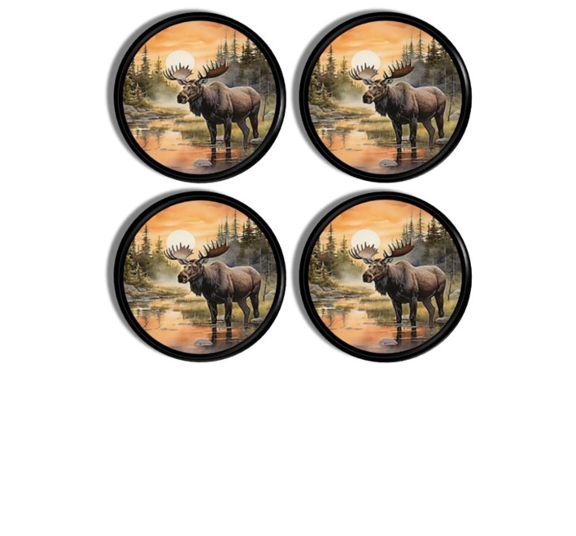 4 Scenic wilderness cabinet knobs featuring a moose wading through reflective water at sunset, designed for lodge, woodland, and rustic‑refined décor.