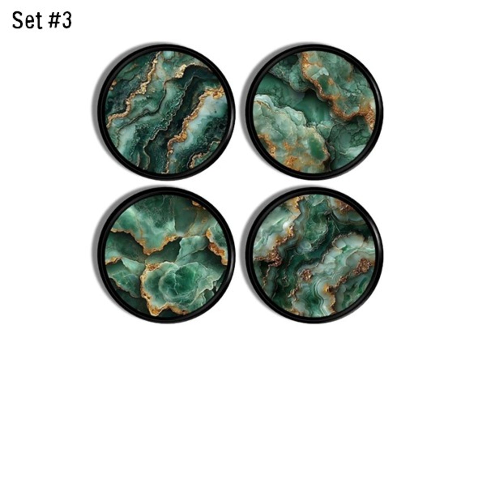 Set of four emerald and gold geode‑inspired cabinet knobs. Decorative hardware featuring swirling mineral art for art deco and retro glam décor.