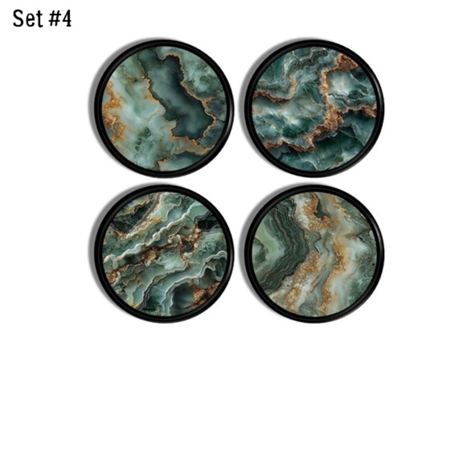 Set of four teal, emerald, and brown marbled cabinet knobs and drawer pulls with layered agate‑style patterns for modern boho and eclectic décor.