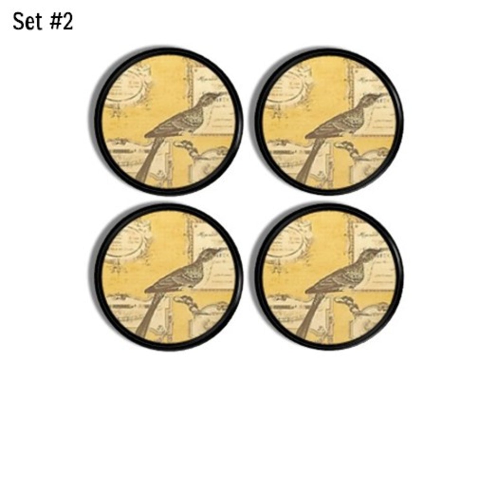 Four shabby cottage cabinet knobs  and drawer pulls with bird illustration over antique script in yellow and gray tones. Cottagecore toile style hardware set of 4.