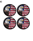 Stars and stripes cabinet knobs and drawer pulls with bald eagle motif. Patriotic hardware on black base knob