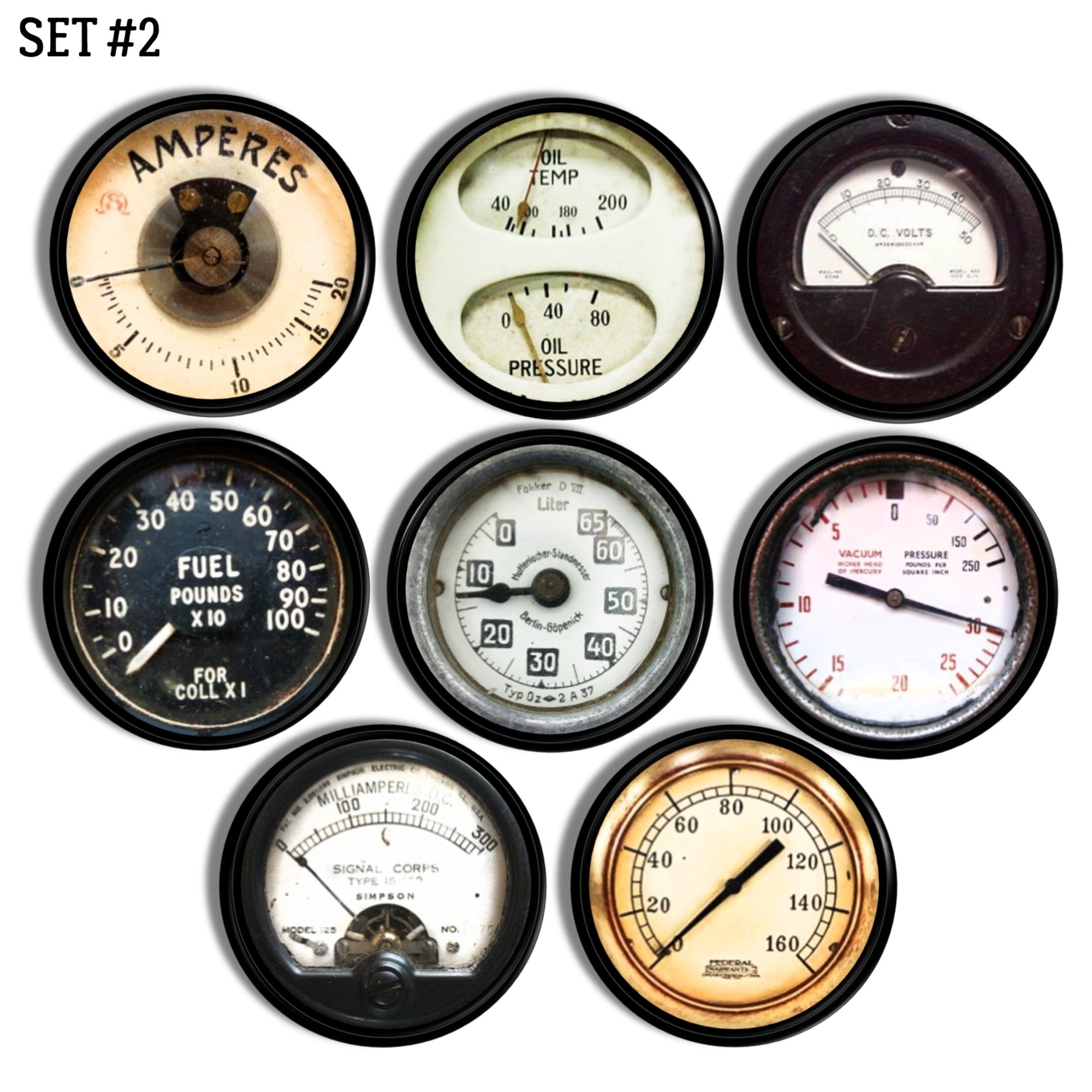 Steampunk cabinet knobs in an 8‑piece set featuring vintage oil, fuel, and voltage gauge graphics.
