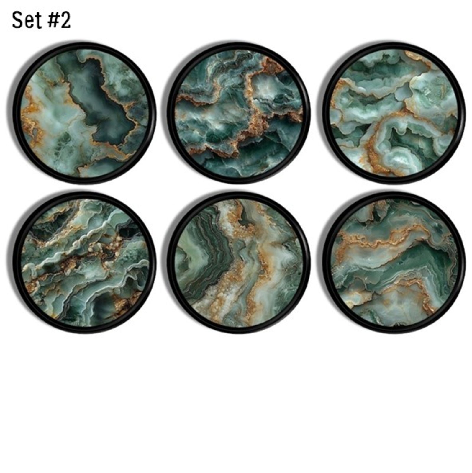 Teal, sage, and white agate‑inspired cabinet knobs with layered mineral bands for modern organic and contemporary décor.