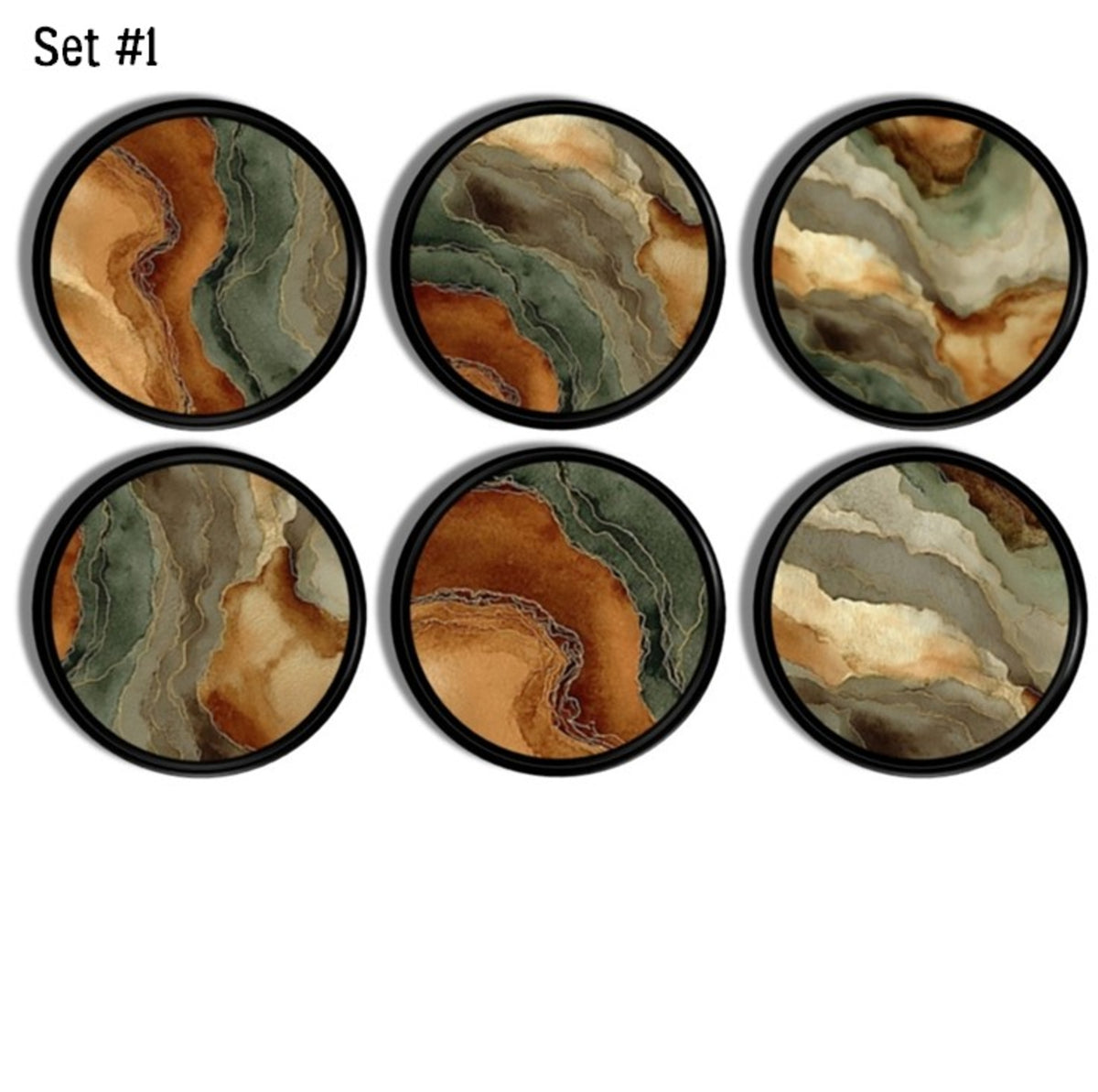 Terracotta and sage abstract fluid art cabinet knobs set of 6 featuring layered earthy mineral patterns for modern organic kitchens, boho interiors, and contemporary furniture updates