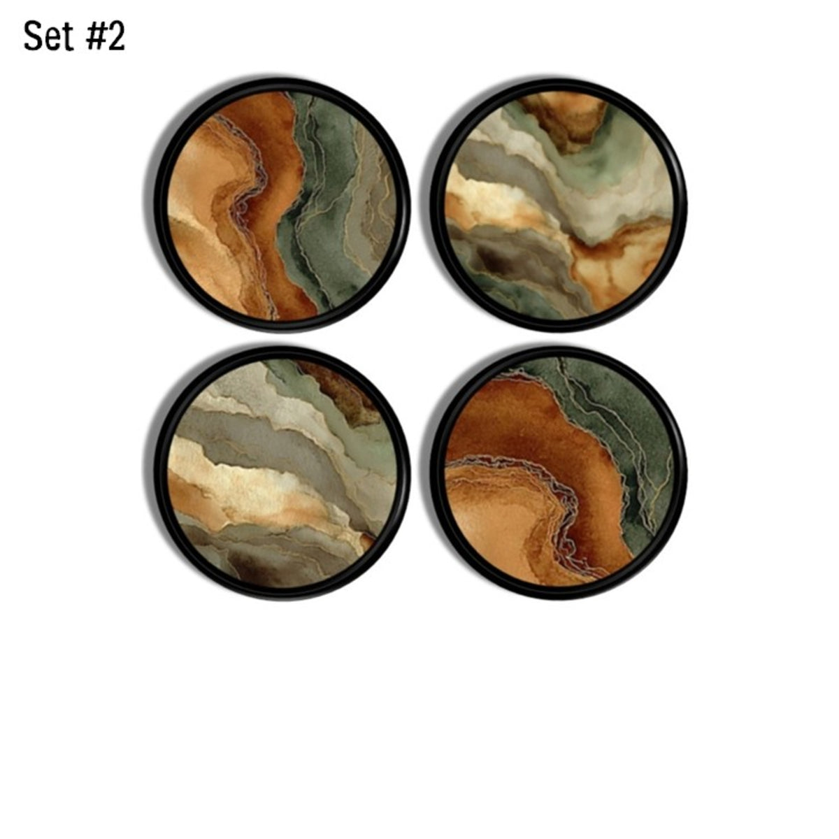 Terracotta and sage abstract art cabinet knobs set of 4 showcasing layered stone‑inspired waves and earthy organic tones for contemporary, transitional, modern rustic, and masculine interiors