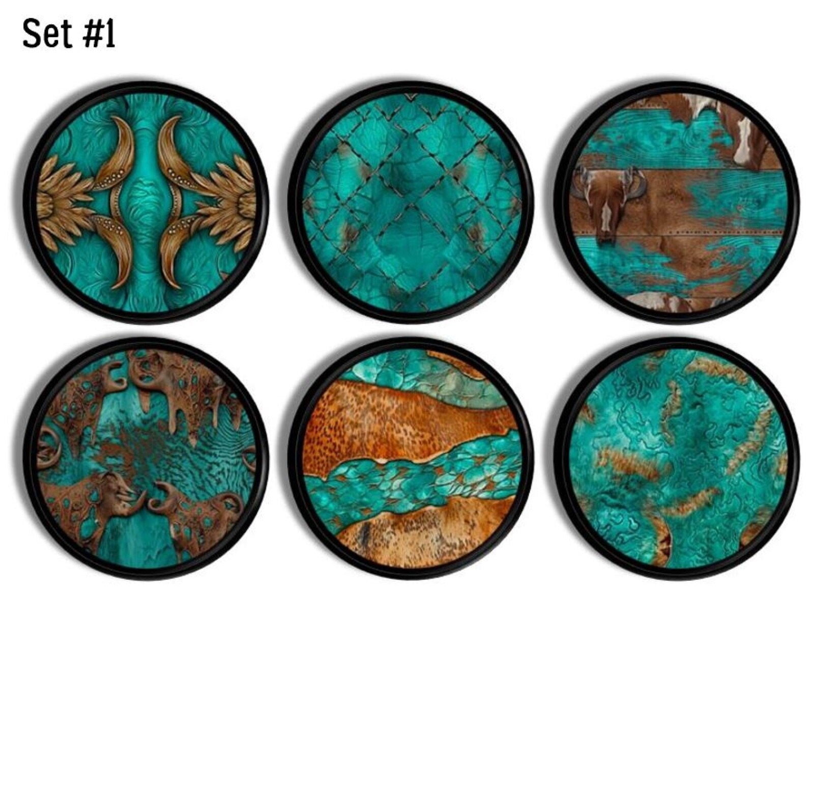 Black furniture drawer pull hardware in a rustic turquoise and brown western cowhide theme. 
