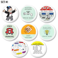 Unique family game room decor cabinet knobs . Handmade drawer pulls in a classic Monopoly theme on white hardware.