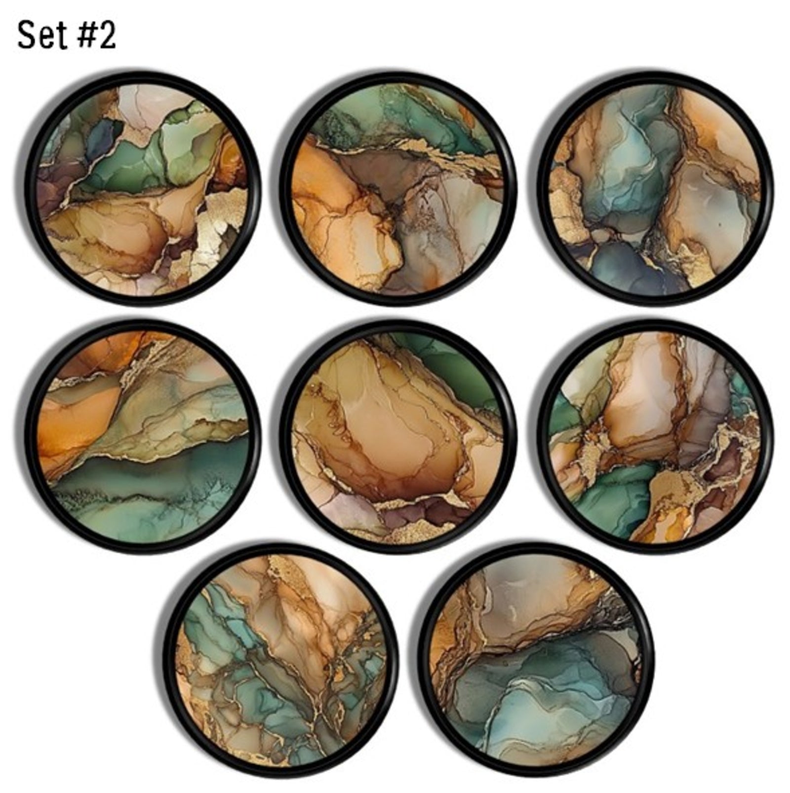 Eight handcrafted cabinet knobs featuring vibrant layered mineral patterns with deep greens, warm rust, canyon‑tone oranges, and fluid agate‑style swirls, creating a bold earthy boho accent for eclectic or nature‑inspired furniture.