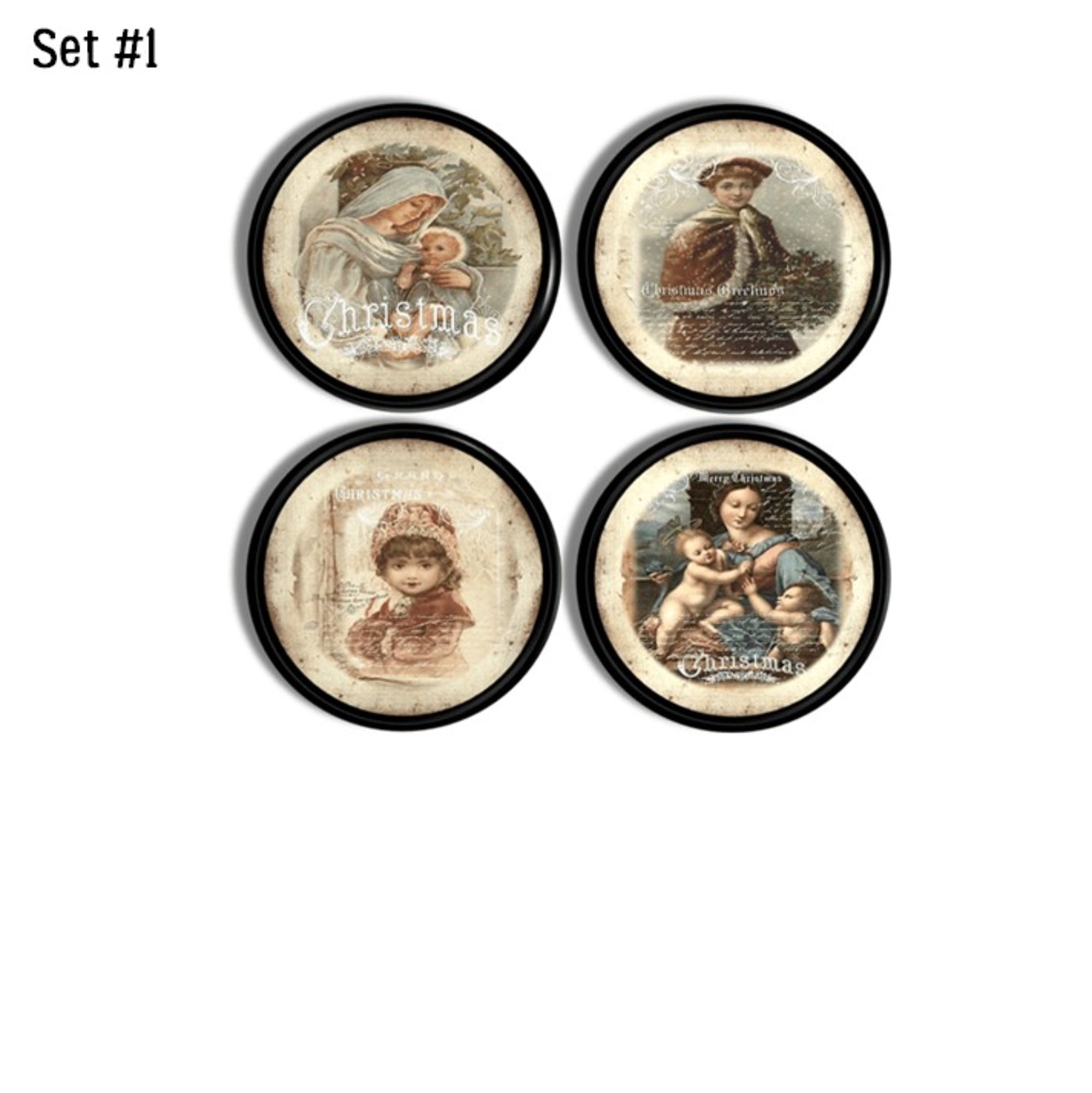 Vintage Christian Christmas cabinet knob and drawer pull set featuring four antique Victorian holiday portraits with softly aged artwork and devotional charm