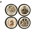 Vintage Christian Christmas cabinet knob and drawer pull set featuring four antique Victorian holiday portraits with softly aged artwork and devotional charm