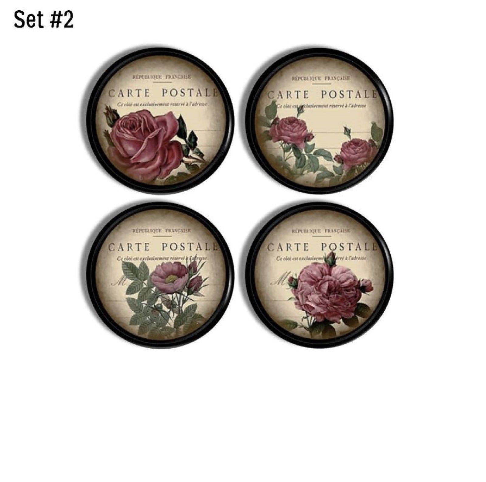 Four vintage Victorian rose cabinet knobs with detailed botanical floral artwork over aged French postcard script, perfect for romantic cottage, shabby chic, French country, and antique inspired décor.