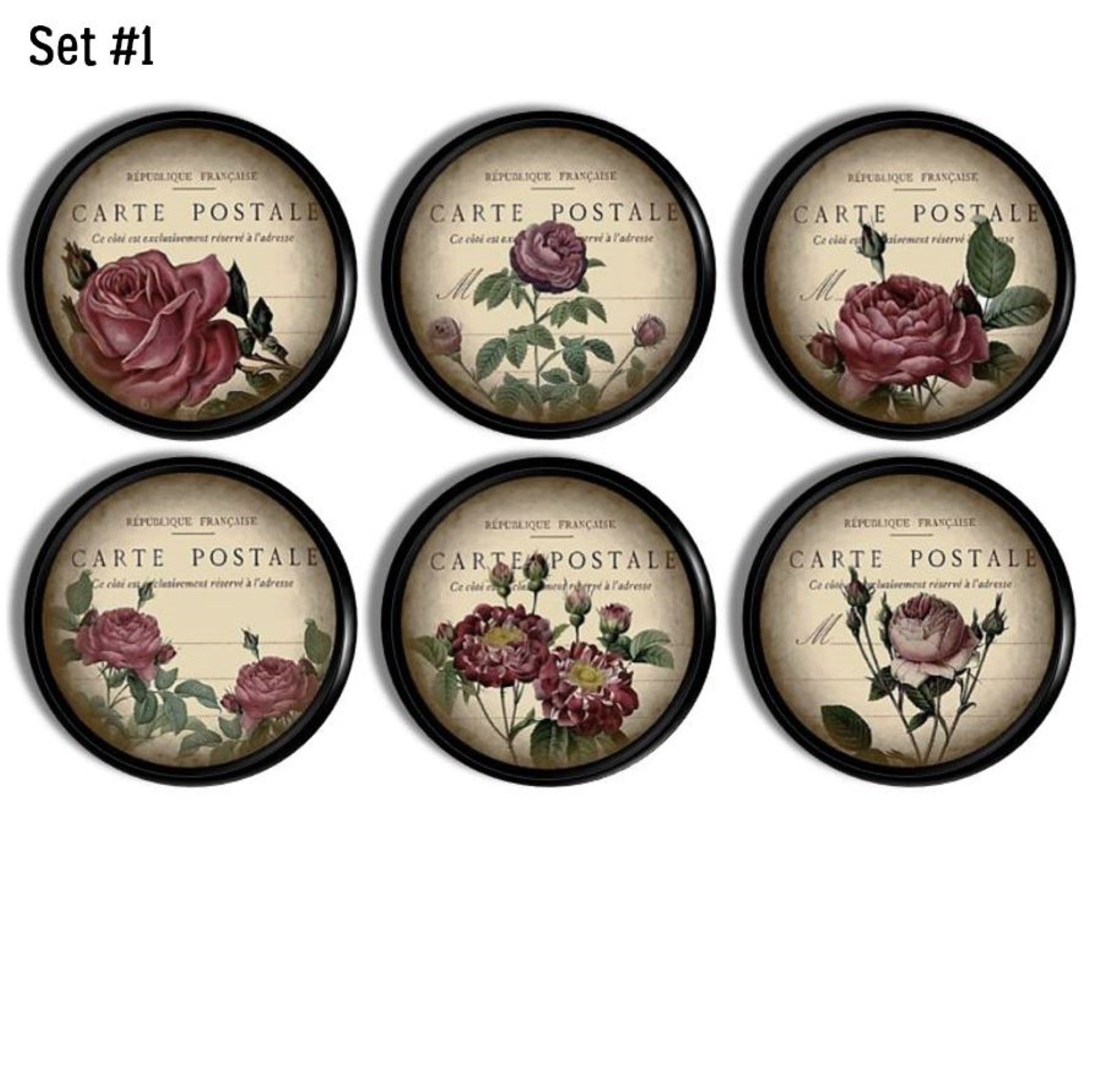 Six vintage Victorian rose cabinet knobs with detailed pink, red, and purple floral illustrations over antique French postcard script, designed for romantic, shabby chic, cottage, and French country décor.