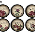 Six vintage Victorian rose cabinet knobs with detailed pink, red, and purple floral illustrations over antique French postcard script, designed for romantic, shabby chic, cottage, and French country décor.