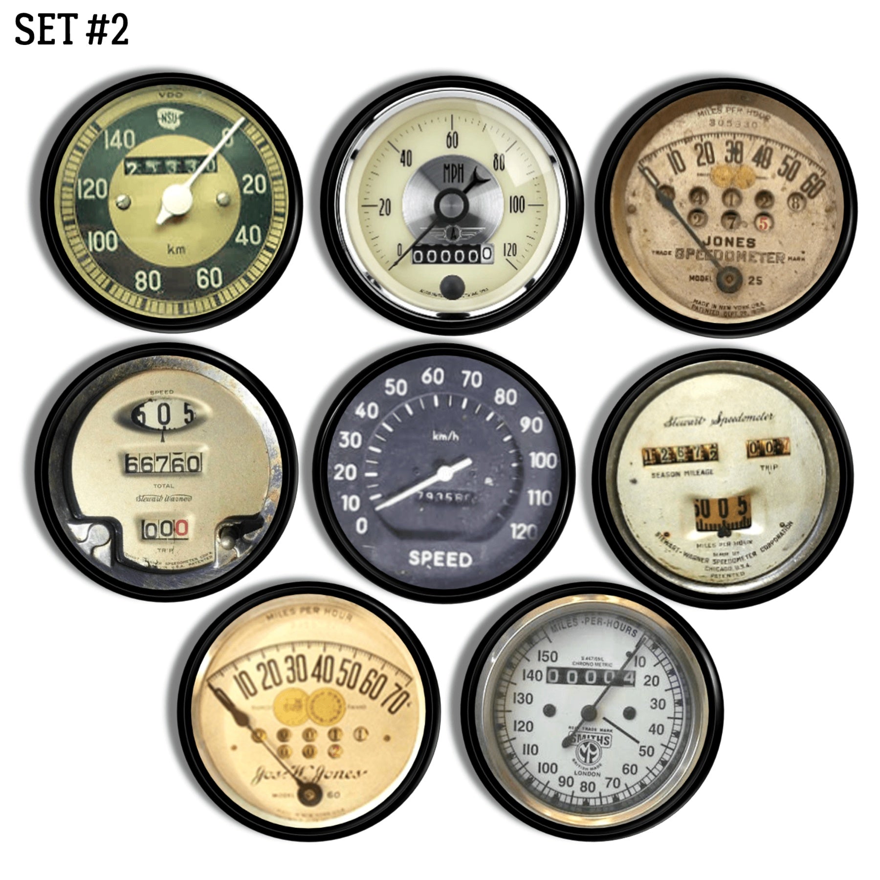 Set of 8 vintage style automotive drawer knobs designed as classic car speedometers, featuring odometers, mileage dials, and gauges in MPH and KPH formats for a retro dashboard look.