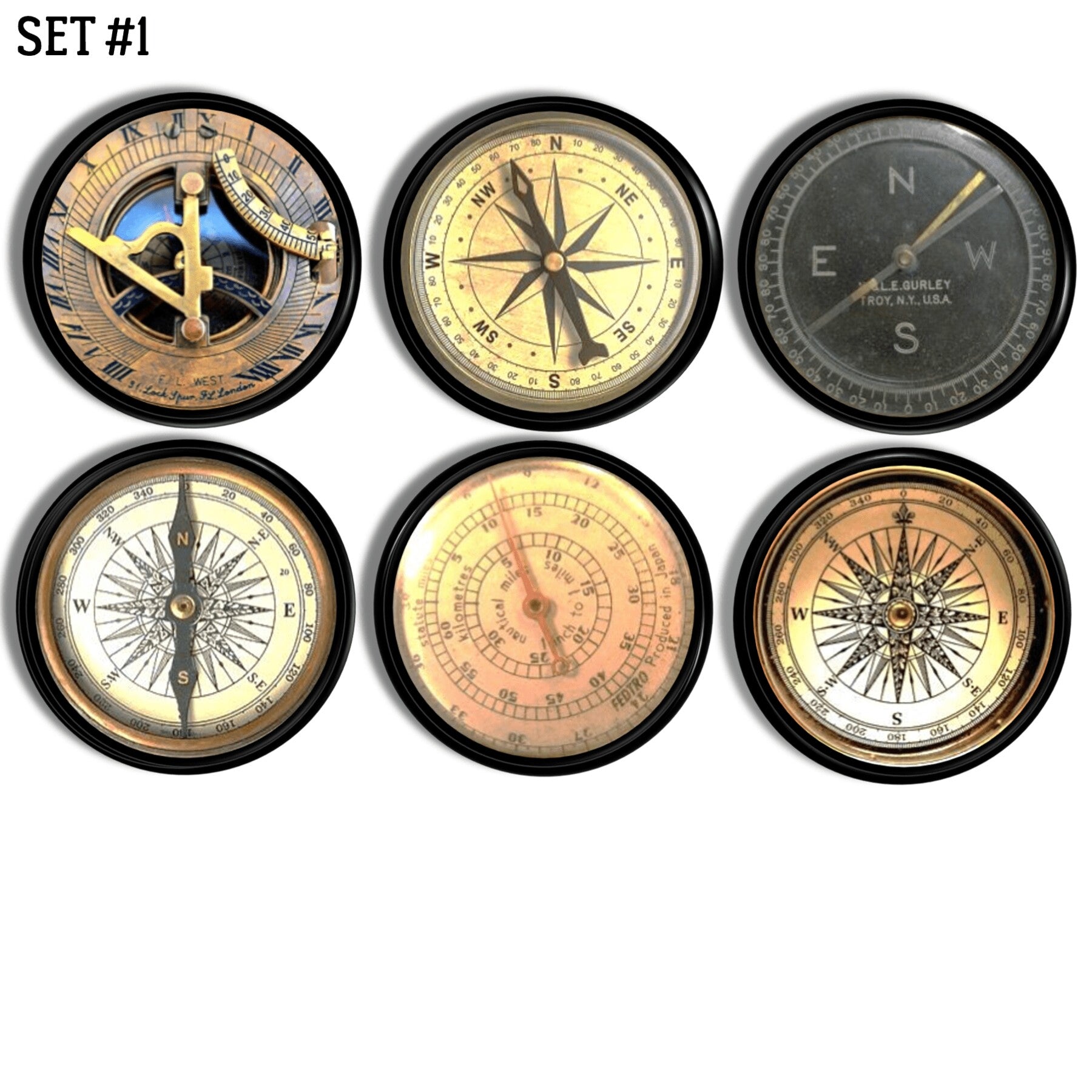 Six handcrafted cabinet knobs featuring vintage compass rose designs inspired by antique navigational instruments, ideal for nautical, coastal, or old‑world travel décor.