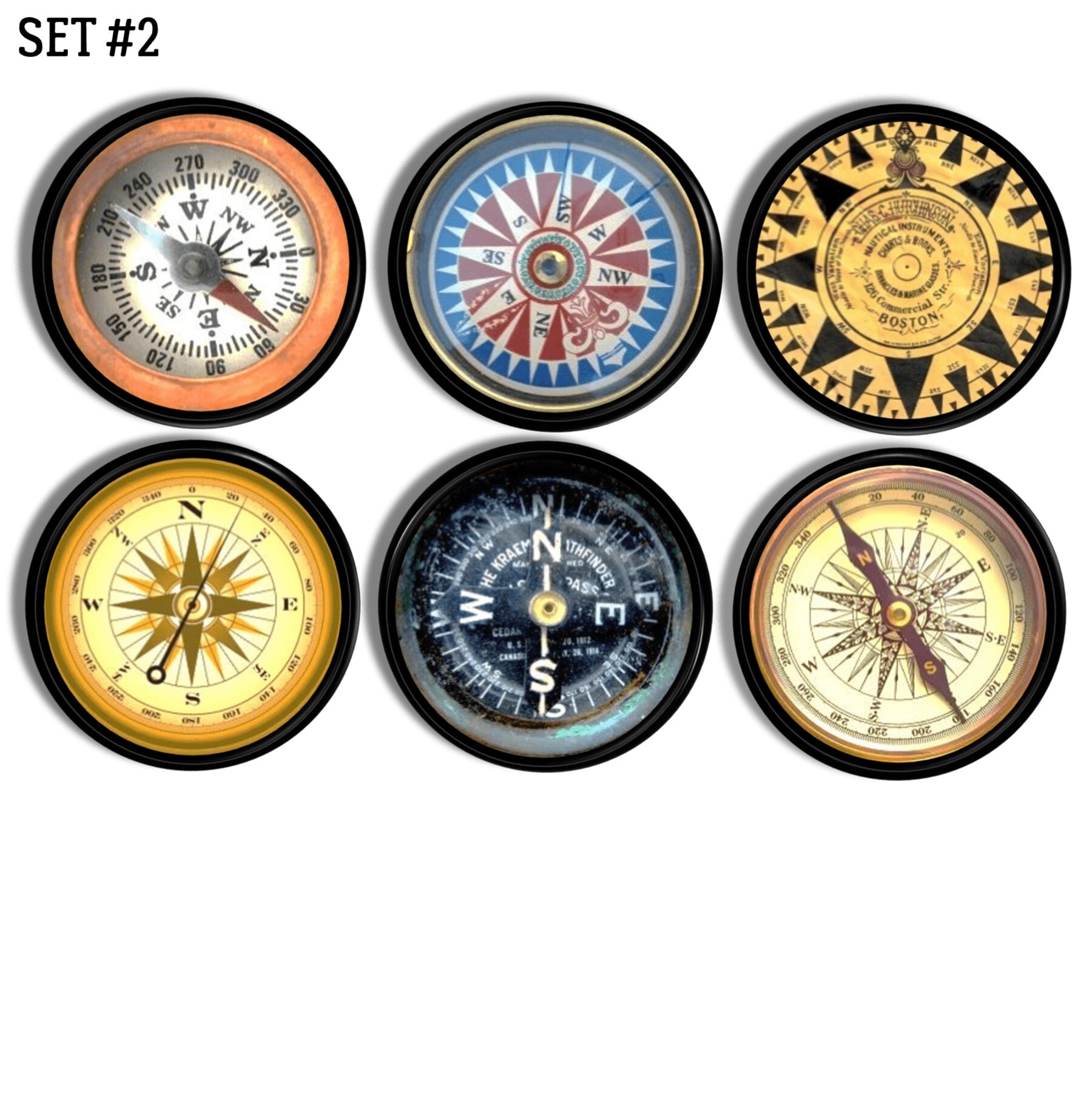 Six handmade cabinet knobs featuring varied maritime compass rose artwork with map‑style details and historic navigation motifs, perfect for coastal or seafaring décor.