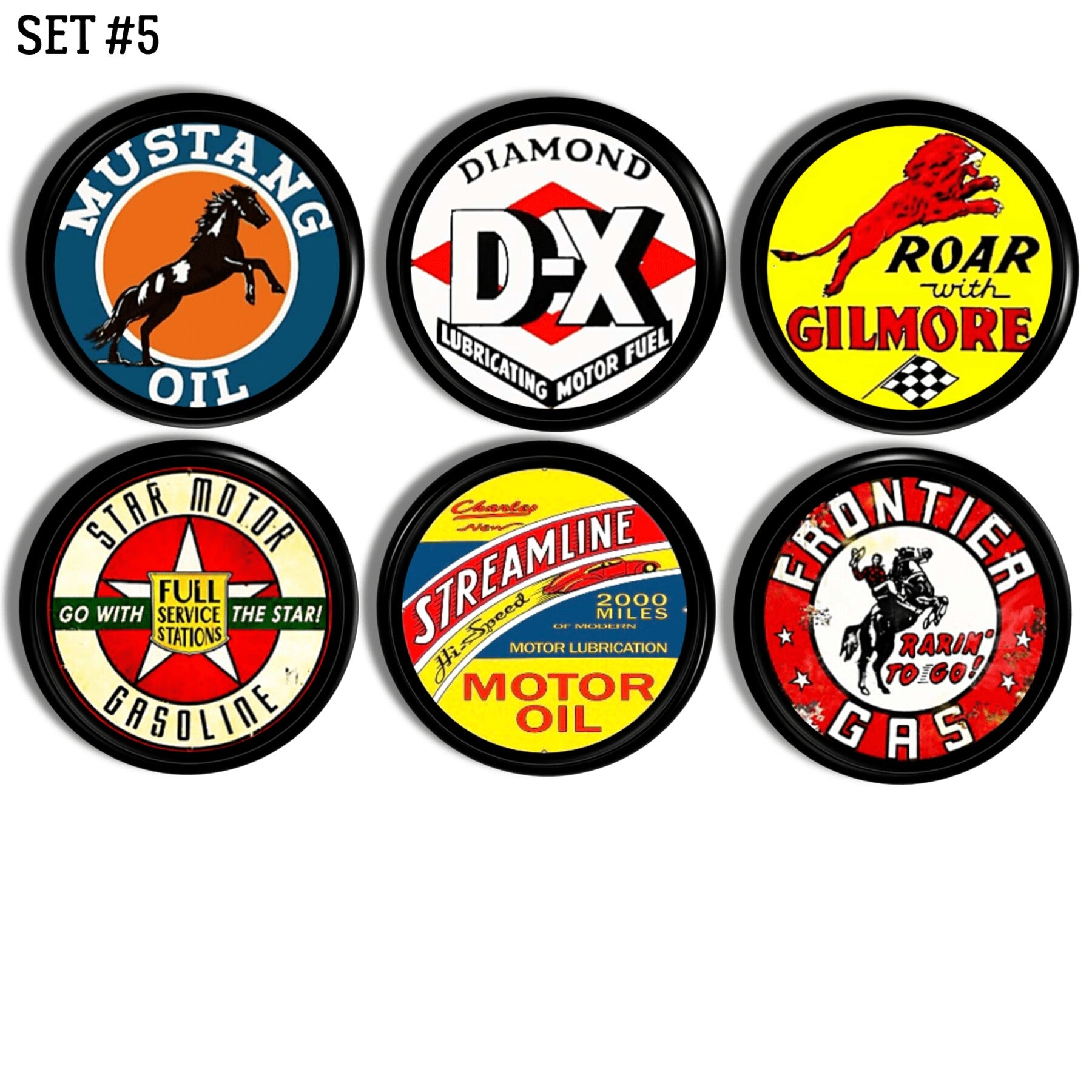 Cabinet knob set showcasing colorful vintage fuel logos — horses, lions, stars, and retro typography.