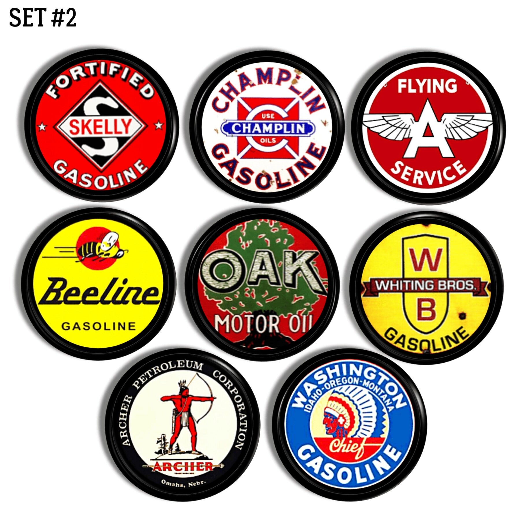 Cabinet knob set featuring retro gasoline and motor oil logos — classic branding from vintage service stations.