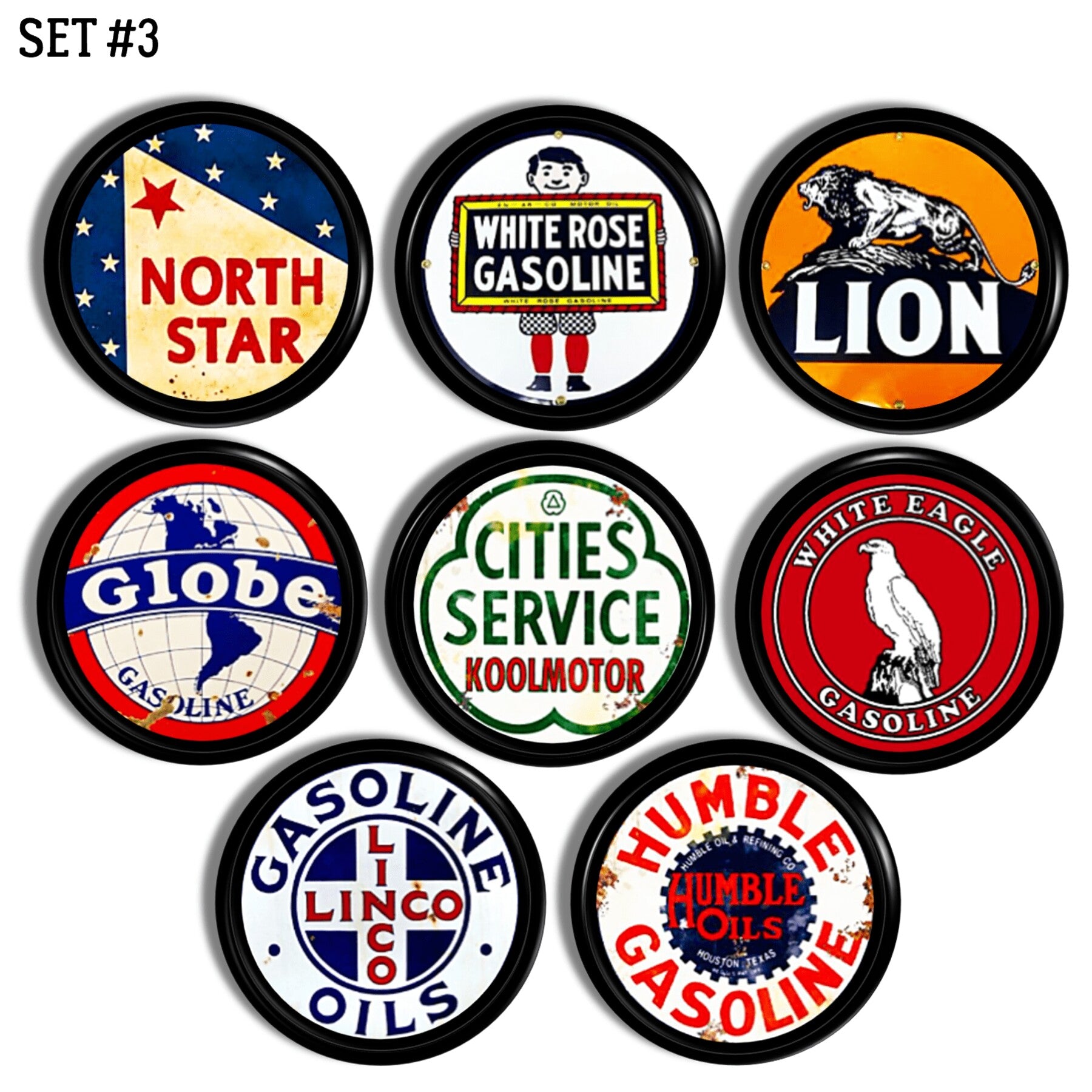 Cabinet knob set featuring vintage fuel company logos — classic emblems from early 20th‑century gasoline and oil brands.