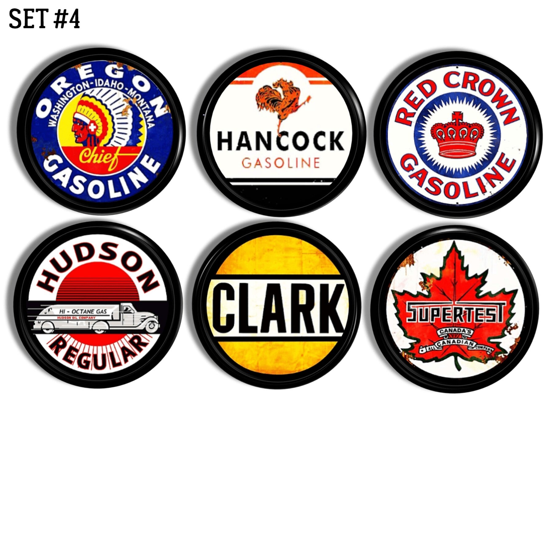 Cabinet knob set featuring retro gasoline brand logos — vintage Canadian and American service station designs. Car guy drawer pulls.