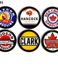 Cabinet knob set featuring retro gasoline brand logos — vintage Canadian and American service station designs. Car guy drawer pulls.