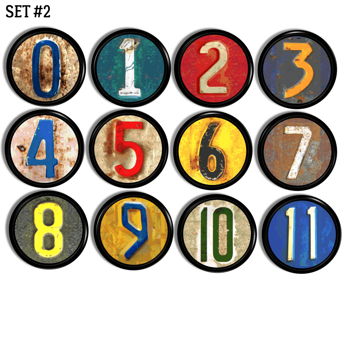 Twelve industrial number cabinet knobs with distressed and worn multicolor accents, designed for rustic, eclectic, modern industrial upgrades and children's decor.