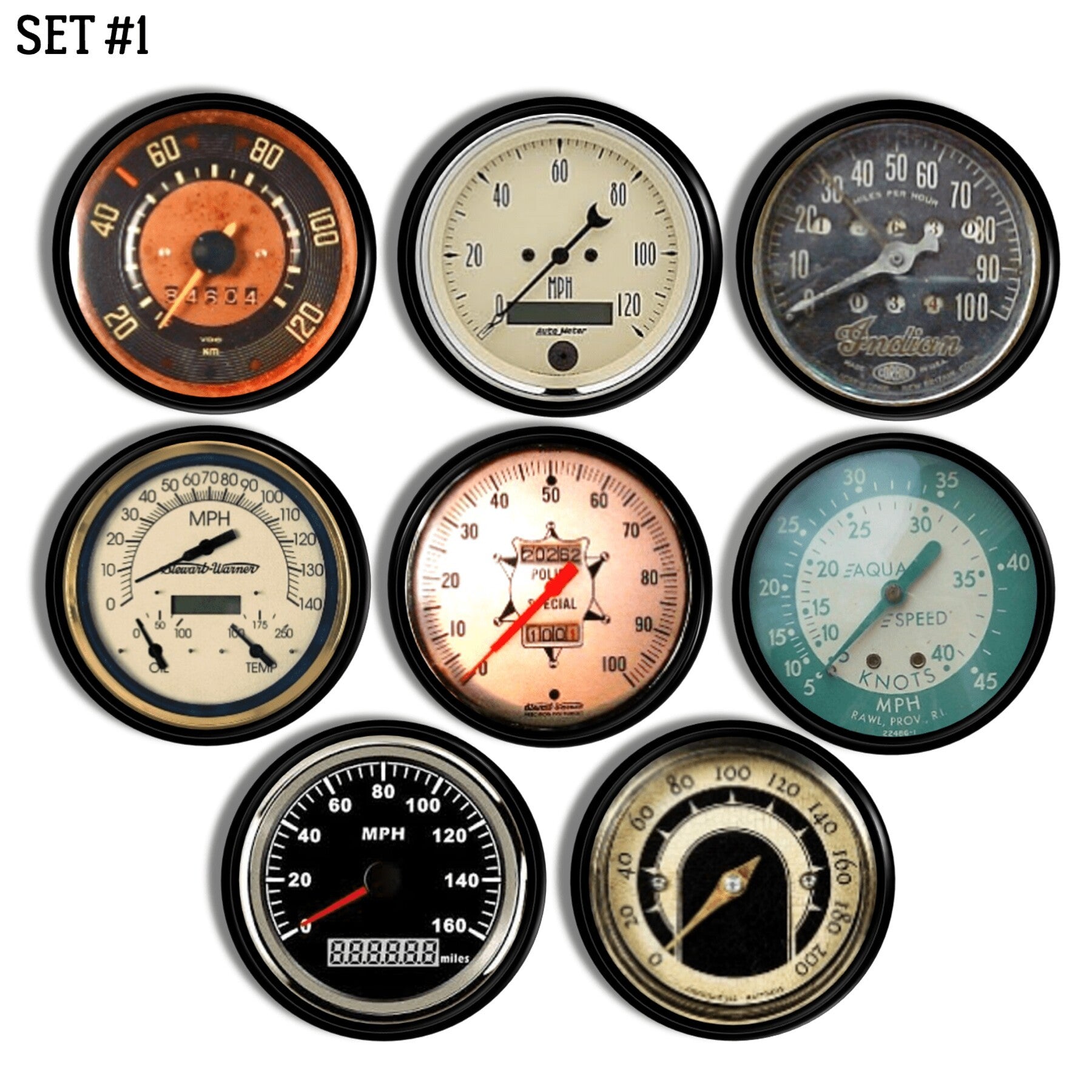 Set of 8 automotive-themed drawer knobs featuring vintage speedometer graphics, MPH dials, retro car brand logos like Indian, and classic dashboard-style designs.