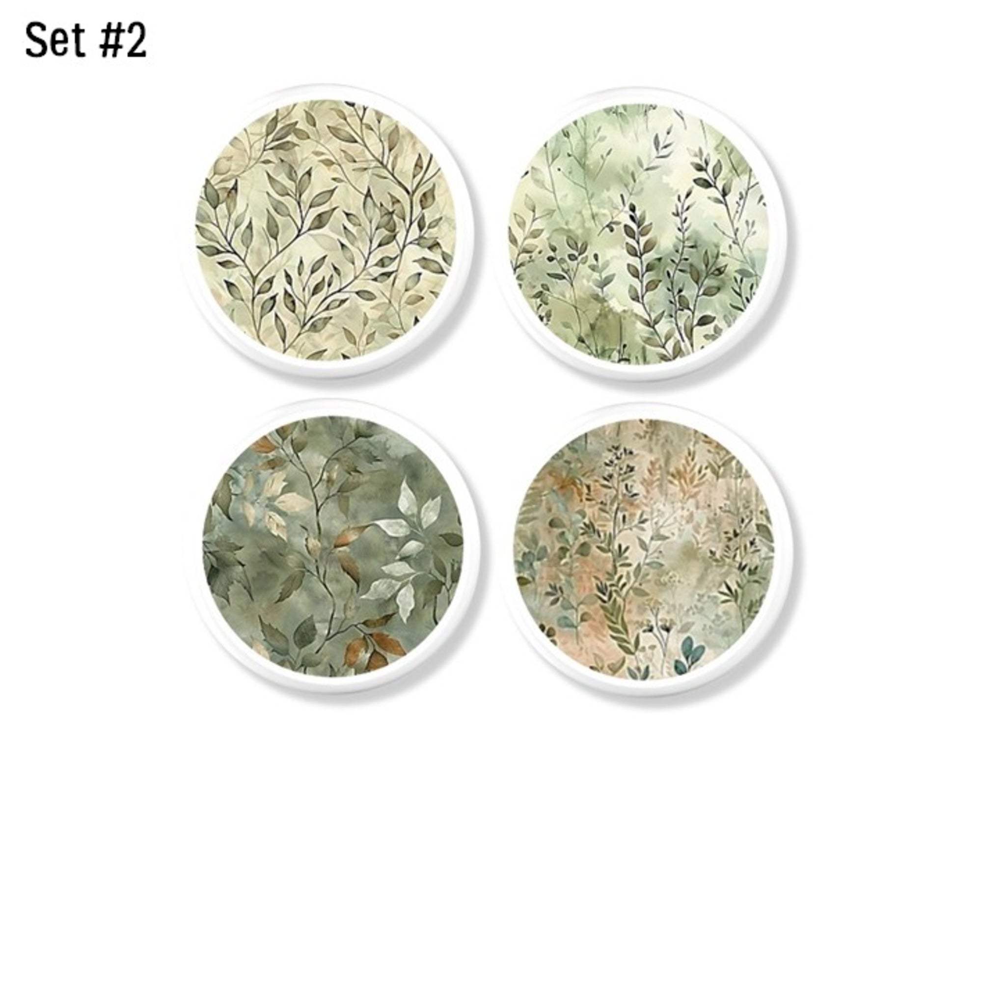 4 piece watercolor botanical cabinet knobs and drawer pulls with soft layered leaves in muted sage and warm beige on a white base