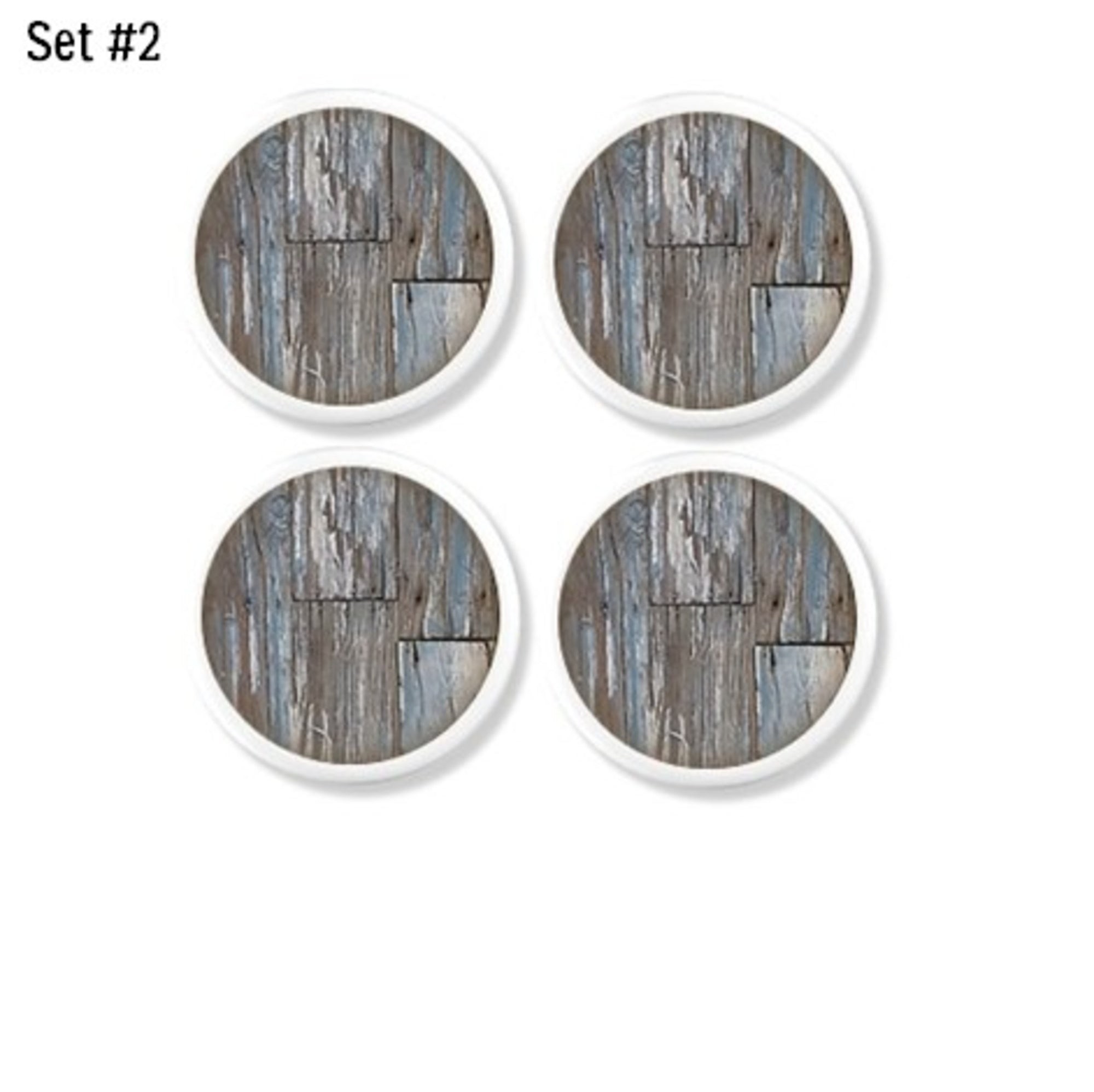 Set of four cabinet knobs with soft gray and blue distressed wood graphics, inspired by reclaimed farmhouse barnwood planks.